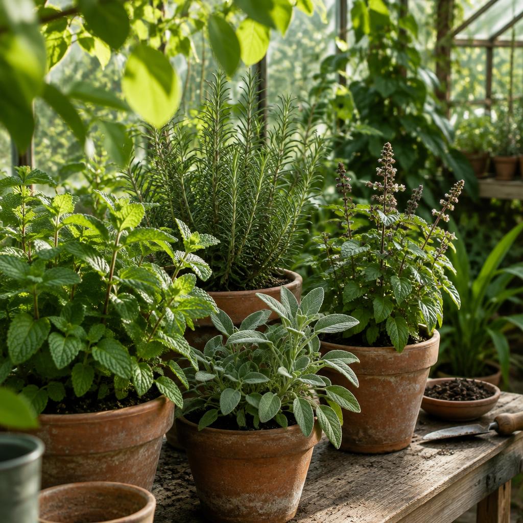 Fresh medicinal herbs growing in terracotta pots