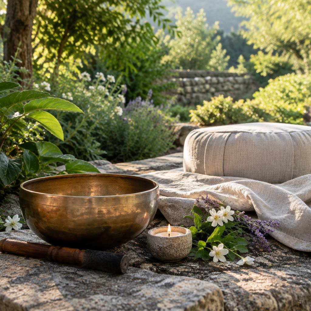 Singing bowl and meditation cushion in a sunlit garden